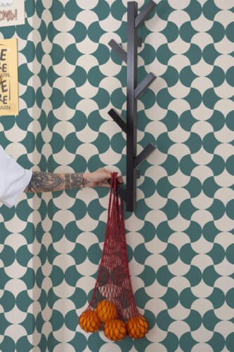 Scandinavian style kitchen decorated with Mid-century arches peel and stick wallpaper