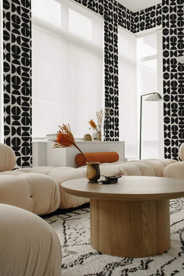 Contemporary style living room decorated with Mid century Geometric peel and stick wallpaper