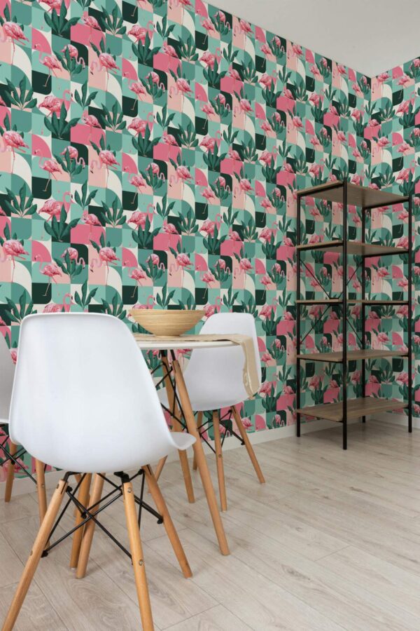 Minimalist style dining room decorated with Midcentury flamingo peel and stick wallpaper
