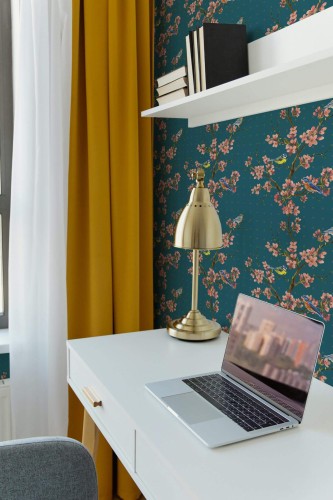 Scandinavian style home office decorated with Midnight bird peel and stick wallpaper