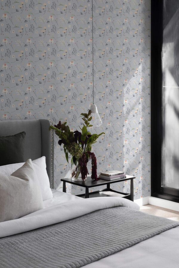 Scandinavian style bedroom decorated with Midnight wildflower peel and stick wallpaper