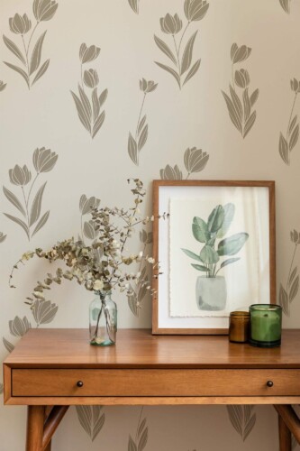 Mid-century modern style living room decorated with Minimal tulips peel and stick wallpaper