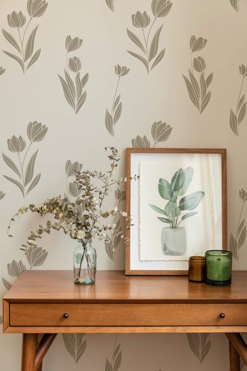 Mid-century modern style living room decorated with Minimal tulips peel and stick wallpaper