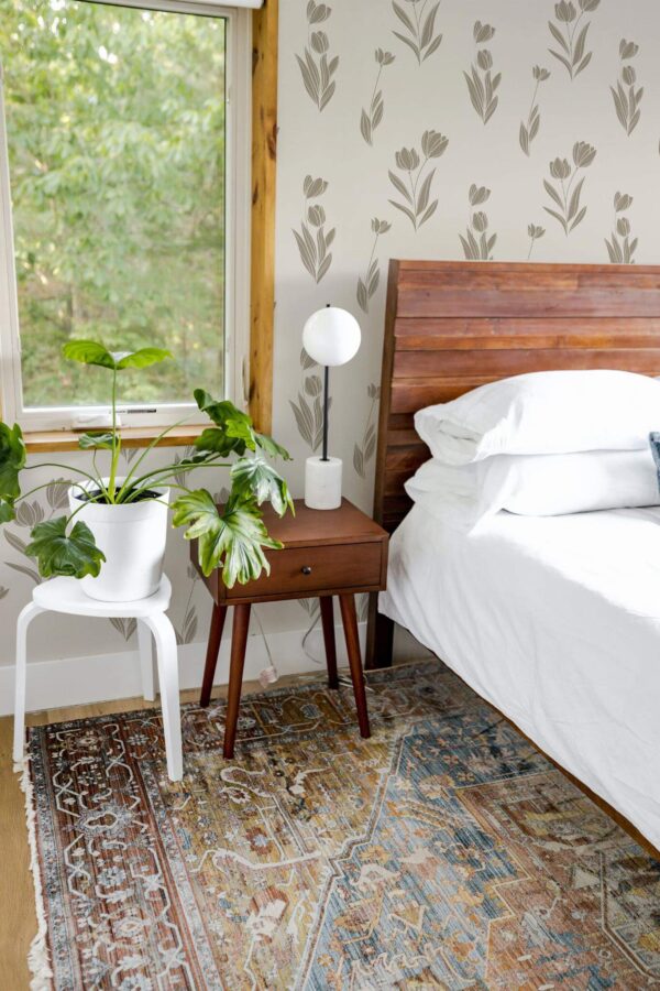 Rustic style bedroom decorated with Minimal tulips peel and stick wallpaper