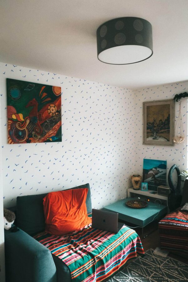 Rustic eclectic style living room decorated with Minimalist birds peel and stick wallpaper