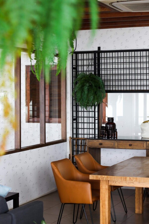 Mid-century modern style dining room decorated with Minimalist bunny peel and stick wallpaper and black industrial accents