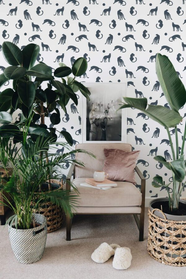 Modern boho style living room decorated with Minimalist cat peel and stick wallpaper