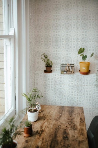Farmhouse style home office decorated with Minimalist Geometric peel and stick wallpaper