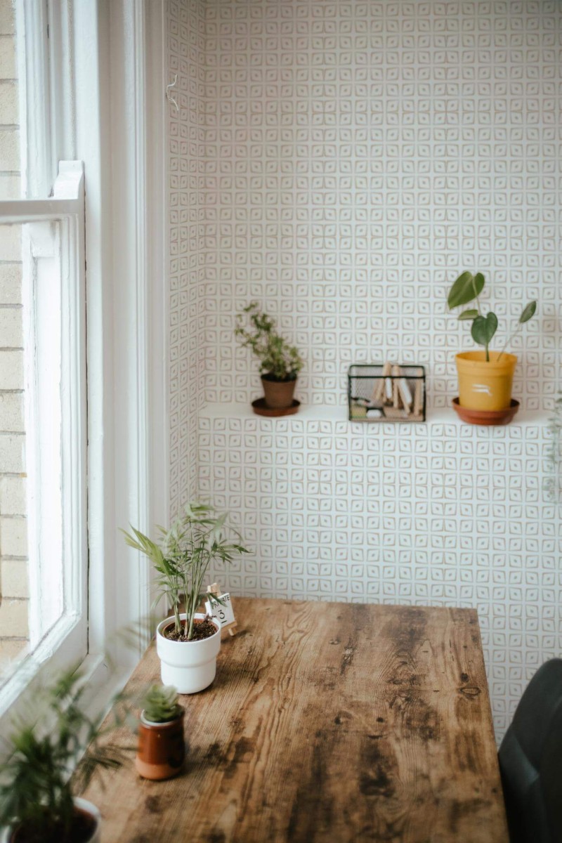Farmhouse style home office decorated with Minimalist Geometric peel and stick wallpaper