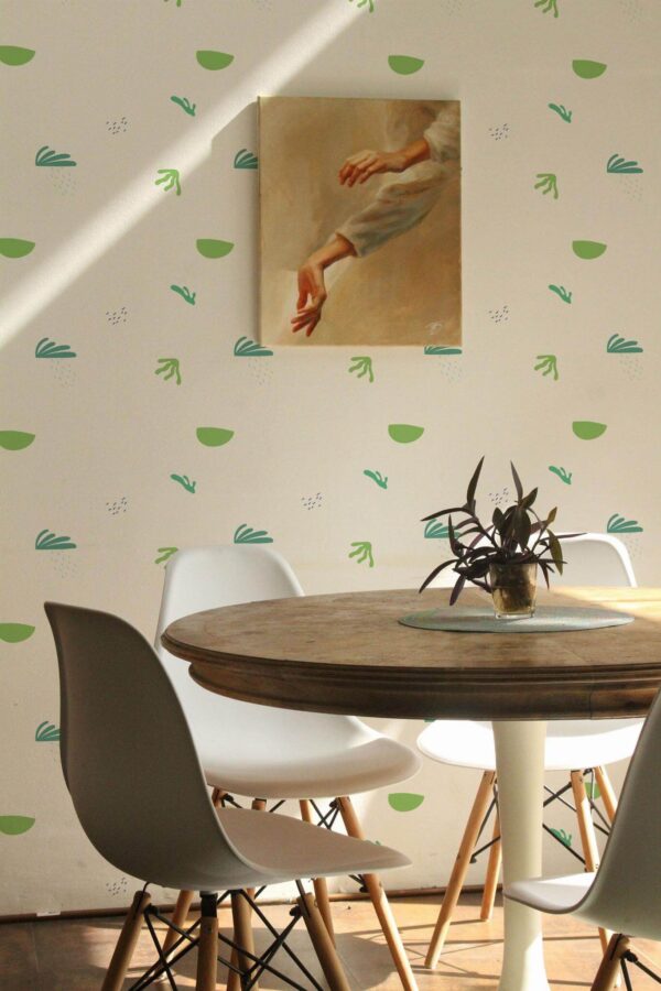 Scandinavian farmhouse style dining room decorated with Minimalist green leaf peel and stick wallpaper