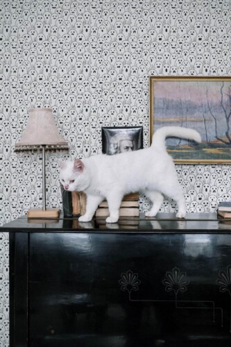 Industrial style music room decorated with Minimalist Monochrome Ghost peel and stick wallpaper