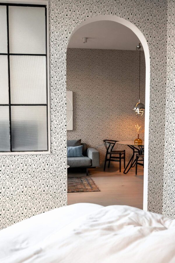 Modern scandinavian style living room decorated with Minimalist Monochrome Ghost peel and stick wallpaper