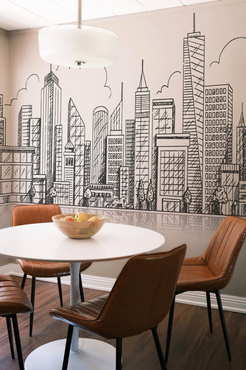 Cityscape Sketch Wall Mural with black-and-white line art of buildings, trees, and clouds, ideal for offices, studios, or modern minimalist interiors.