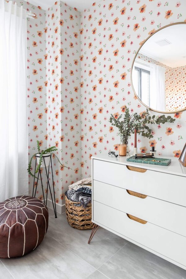Scandinavian style bedroom decorated with Minimalist Watercolor floral peel and stick wallpaper and Mediterranean accents