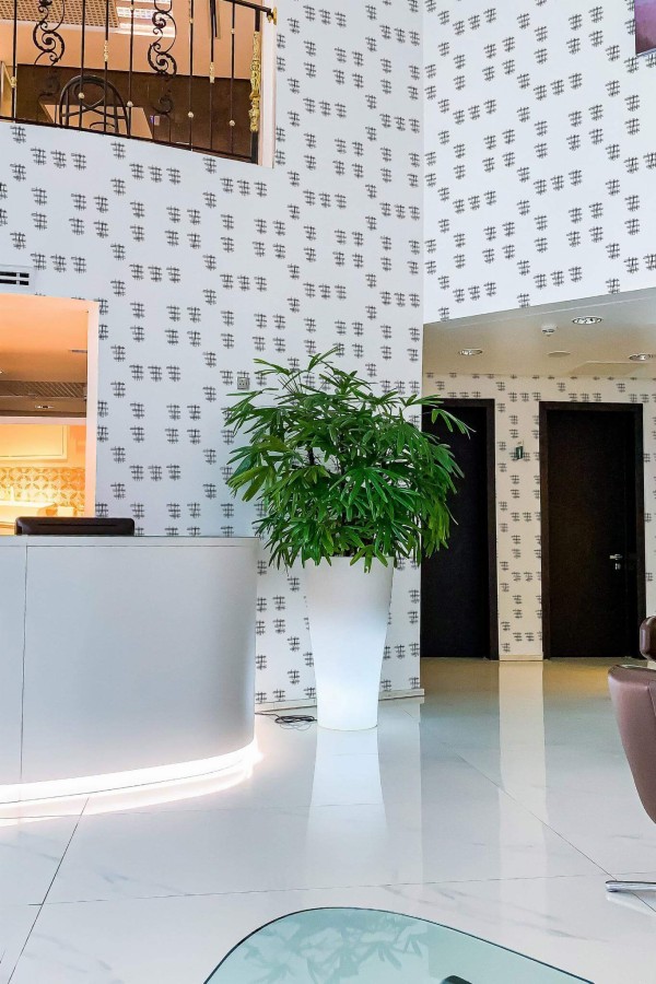 Modern style hallway in a hotel decorated with Minimalistic crisscross peel and stick wallpaper