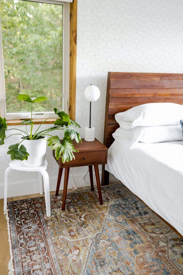Rustic style bedroom decorated with Minimalistic retro peel and stick wallpaper