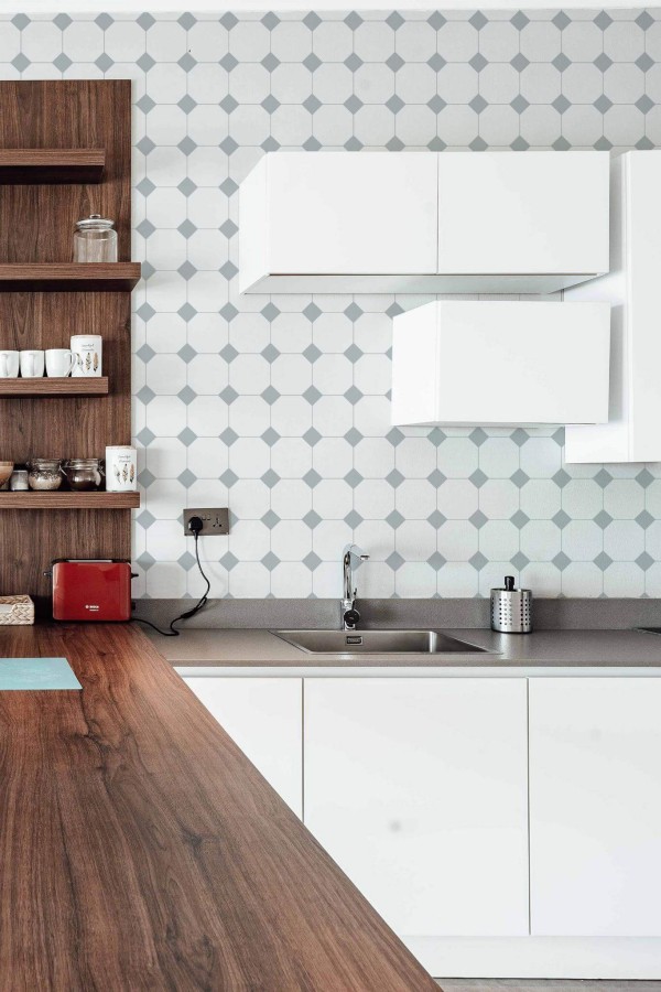Rustic Scandinavian style kitchen decorated with Minimalistic tile peel and stick wallpaper