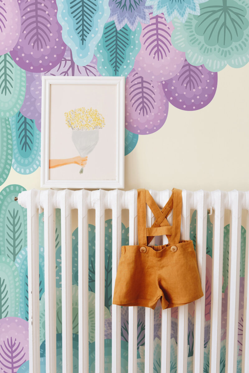 Minty Greenscape Wall Mural with mint green and purple forest trees on a light background, perfect for kids’ rooms, nurseries, or playful accent walls.