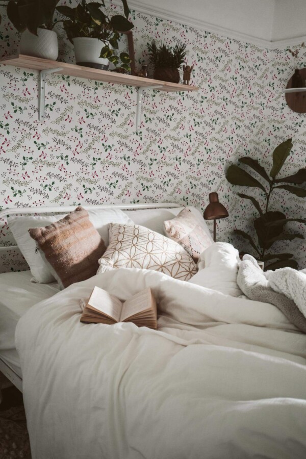 Boho style bedroom decorated with Mistletoe leaf peel and stick wallpaper