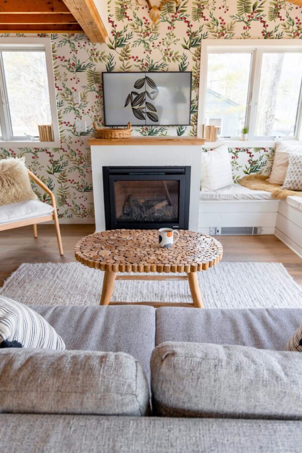 Farmhouse boho style living room decorated with Mistletoe peel and stick wallpaper