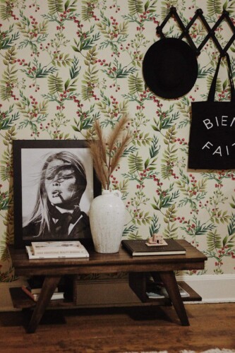 Rustic farmhouse style entryway decorated with Mistletoe peel and stick wallpaper