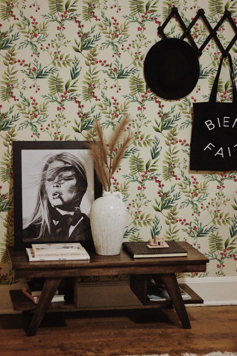 Rustic farmhouse style entryway decorated with Mistletoe peel and stick wallpaper