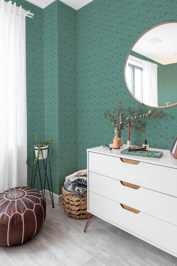 Scandinavian style bedroom decorated with Modern Art deco geometric peel and stick wallpaper and Mediterranean accents