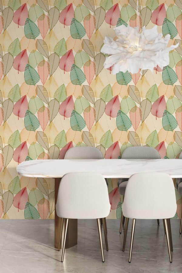 Minimal modern style dining room decorated with Modern autumn leaf peel and stick wallpaper