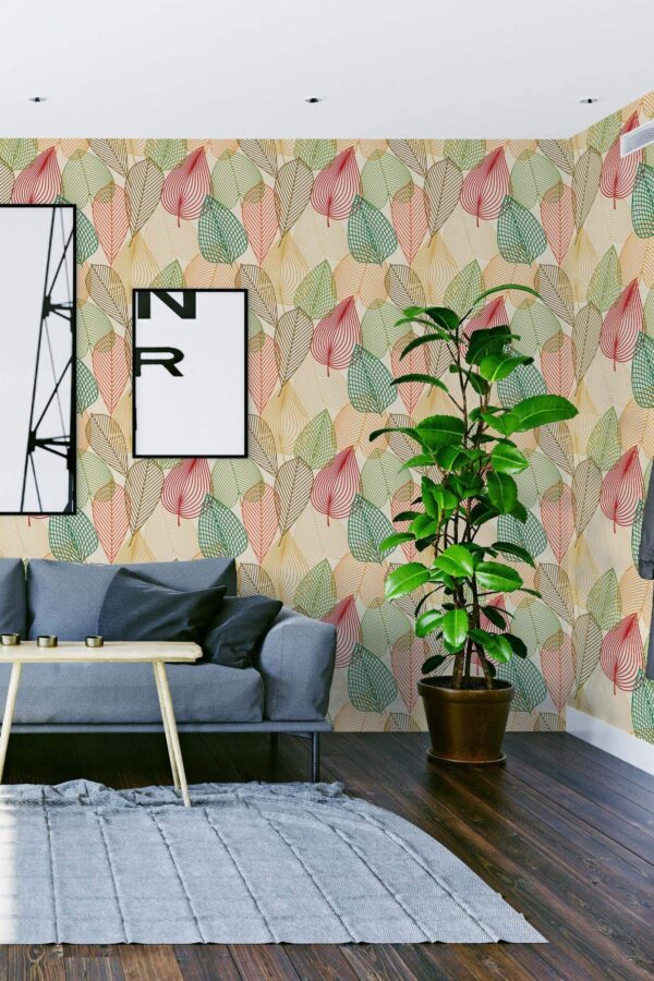 Modern scandinavian style living room decorated with Modern autumn leaf peel and stick wallpaper
