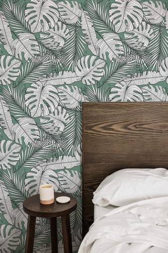Farmhouse style bedroom decorated with Modern Leaves peel and stick wallpaper