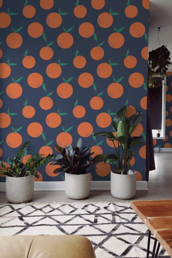 Scandinavian style living room decorated with Modern orange peel and stick wallpaper