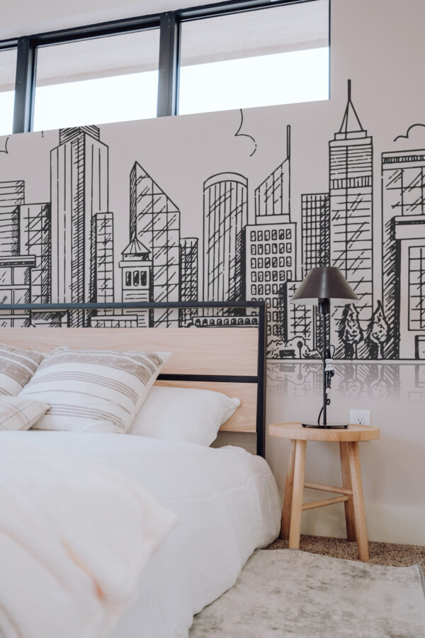 Wall paper mural with clean linear skyline art of tall buildings and trees reflected on a soft neutral background. The Fancy Walls peel and stick or non-pasted wallpaper.