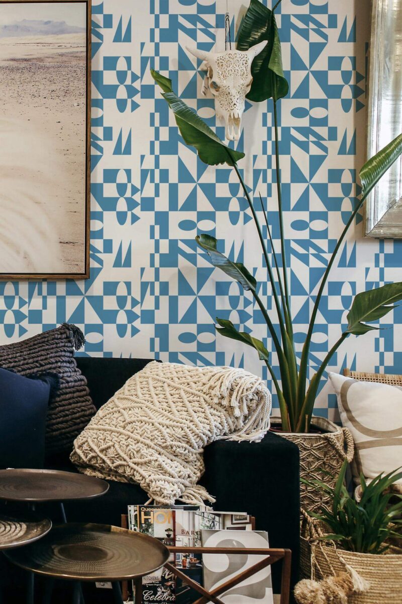 Scandinavian style living room decorated with Modernism geometric peel and stick wallpaper