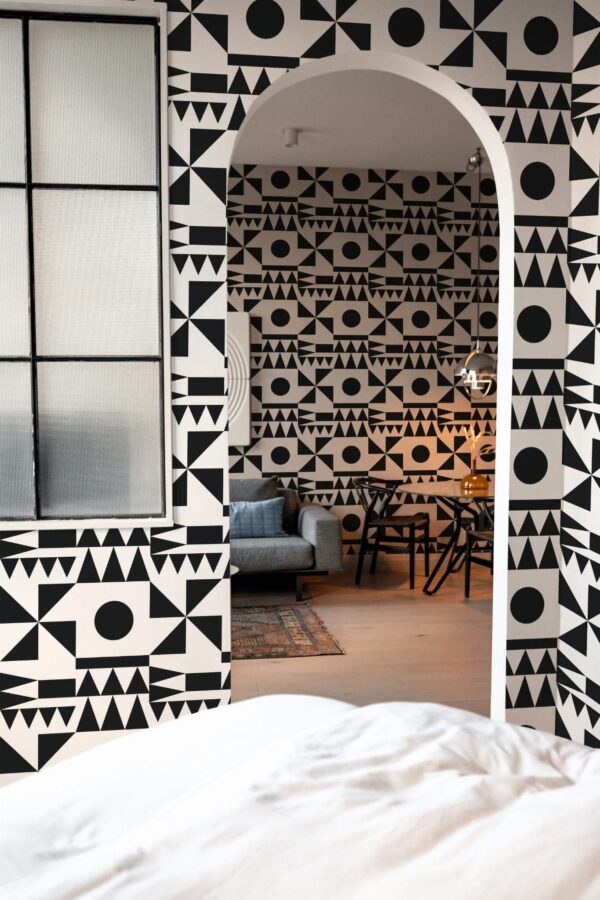 Modern scandinavian style living room decorated with Modernist geometry peel and stick wallpaper