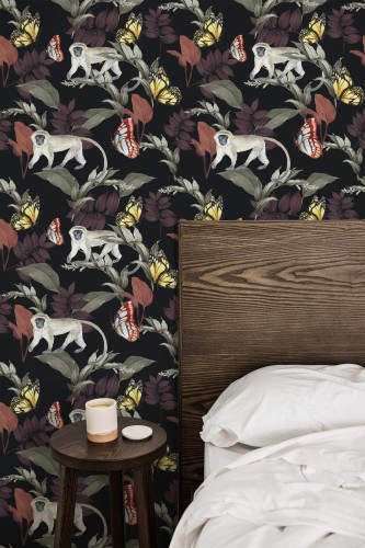 Farmhouse style bedroom decorated with Monkey dark botanic peel and stick wallpaper