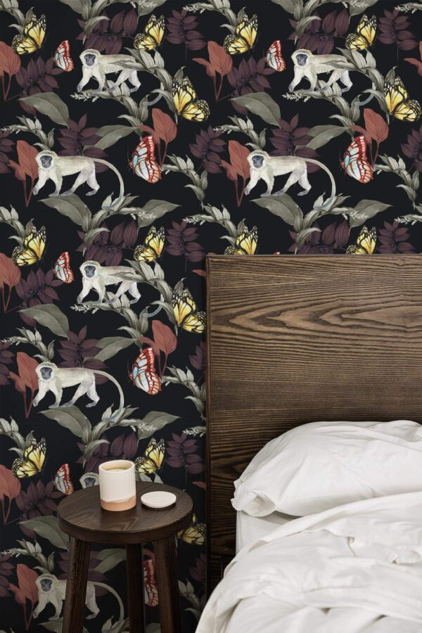 Farmhouse style bedroom decorated with Monkey dark botanic peel and stick wallpaper