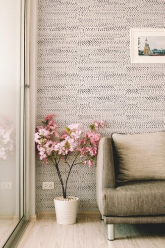 Modern farmhouse style living room decorated with Moon dots peel and stick wallpaper