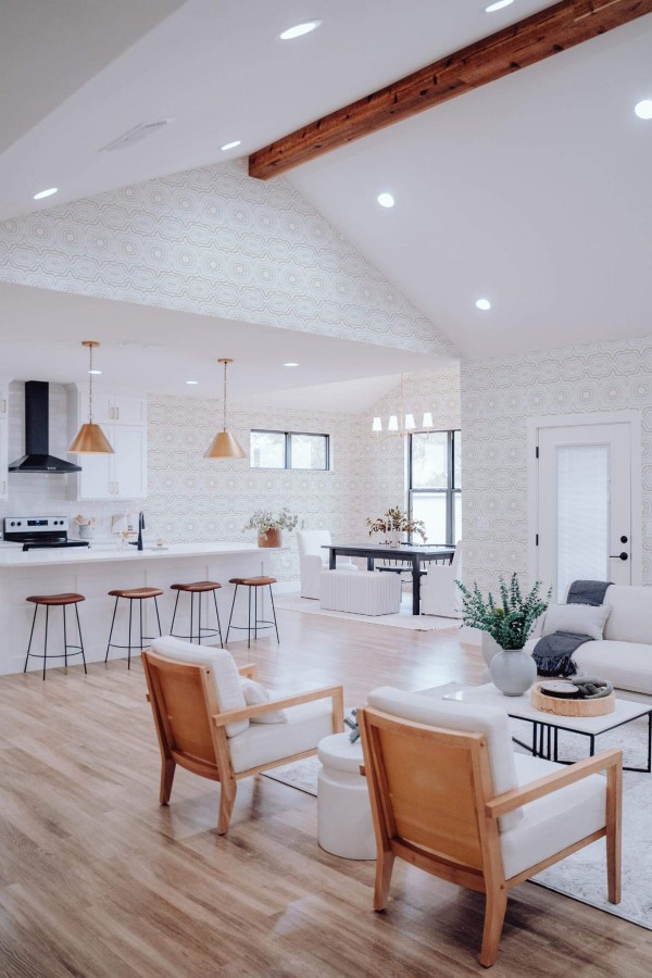 Contemporary style living room and kitchendecorated with Moroccan boho peel and stick wallpaper
