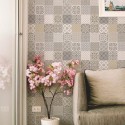 Modern farmhouse style living room decorated with Moroccan mosaic peel and stick wallpaper