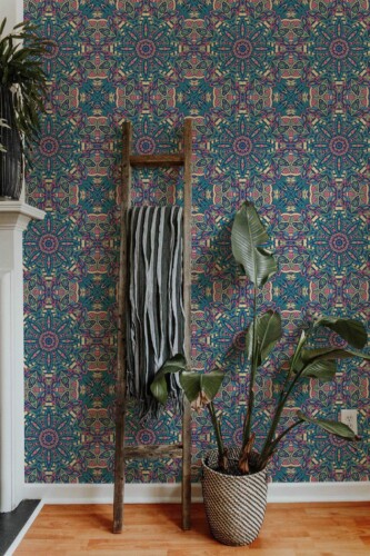Scandinavian style living room decorated with Morrocan mandala peel and stick wallpaper
