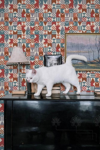 Industrial style music room decorated with Mosaic peel and stick wallpaper