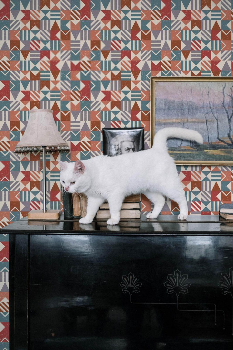 Industrial style music room decorated with Mosaic peel and stick wallpaper