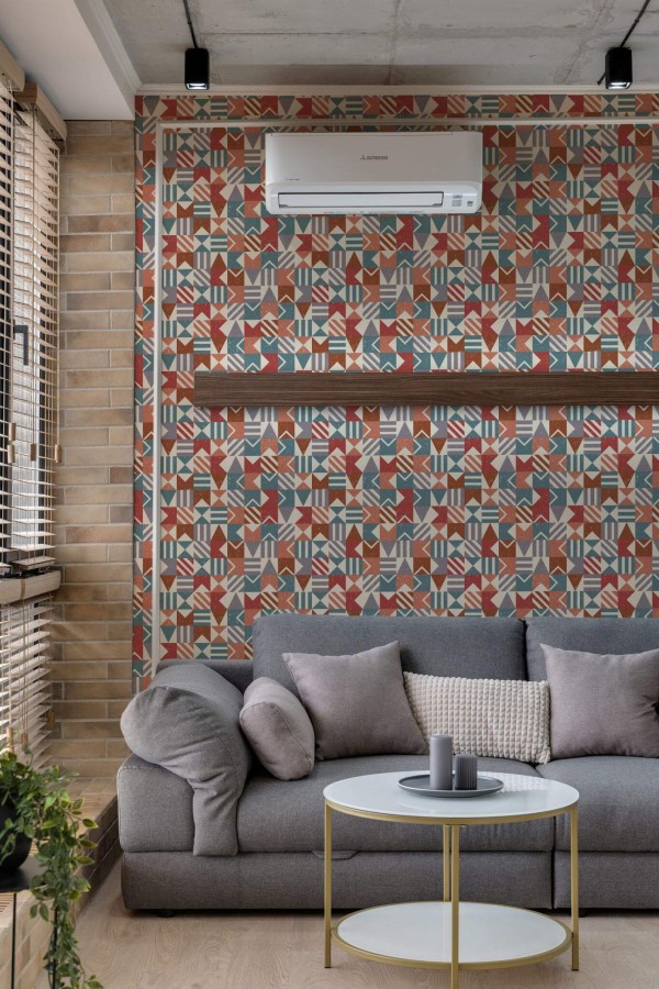 Scandinavian style living room decorated with Mosaic peel and stick wallpaper