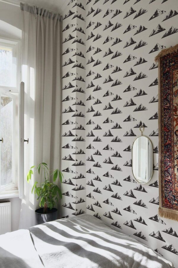 Bohemian style bedroom decorated with Mountain peel and stick wallpaper