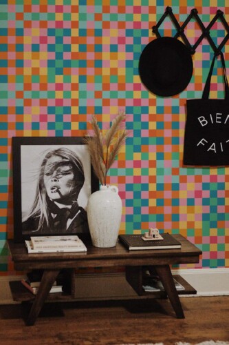 Rustic farmhouse style entryway decorated with Multicolor check peel and stick wallpaper