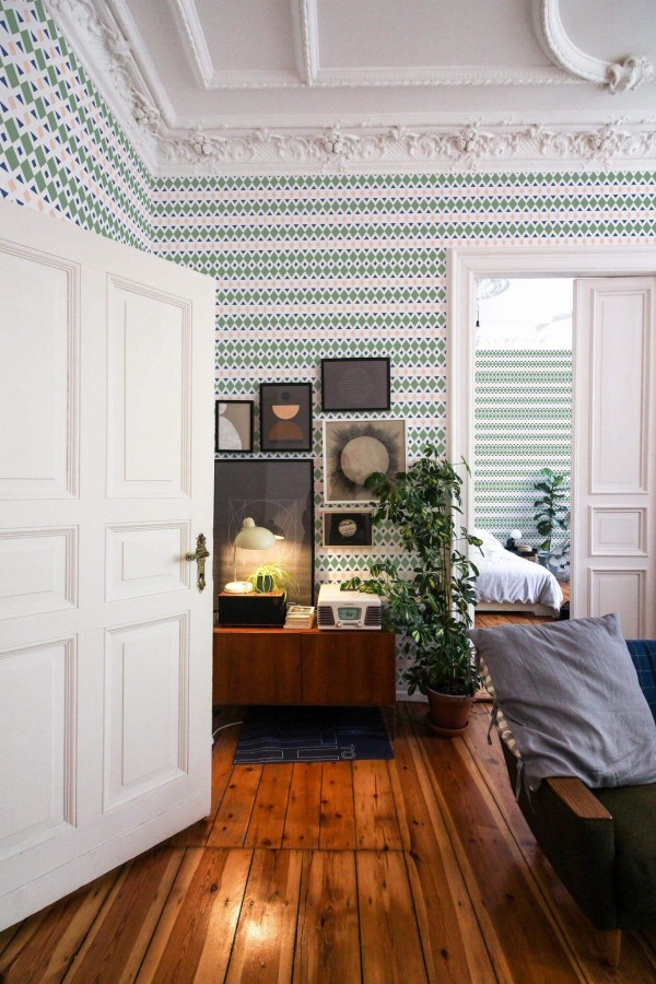 Mid-century modern luxury style living room and bedroom decorated with Multicolor geometric rhombus peel and stick wallpaper