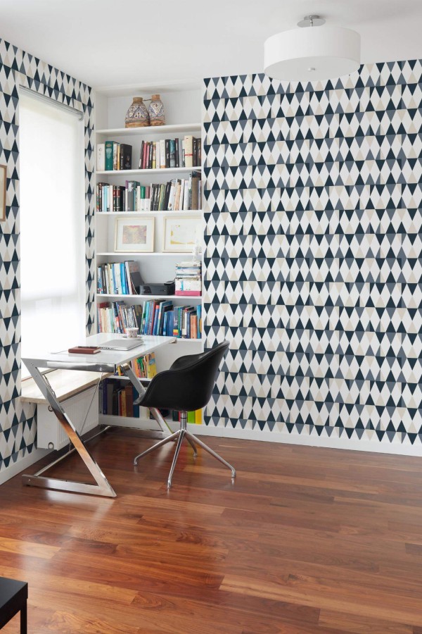 Minimal style home office decorated with Multicolor geometric triangle peel and stick wallpaper