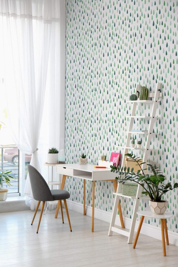 Scandinavian style home office decorated with Multicolor green drops peel and stick wallpaper