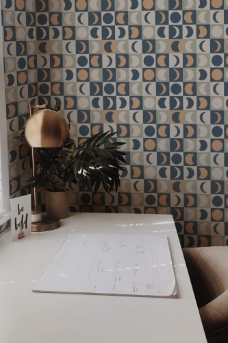 Rustic style home office decorated with Multicolor moon peel and stick wallpaper