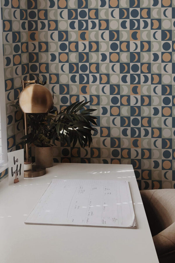 Rustic style home office decorated with Multicolor moon peel and stick wallpaper